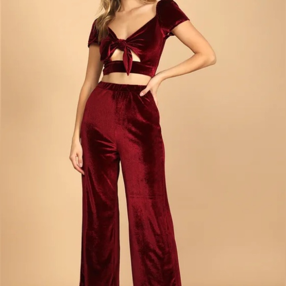 Lulu's Luxurious Style Burgundy Velvet Tie-Front Two-Piece Jumpsuit